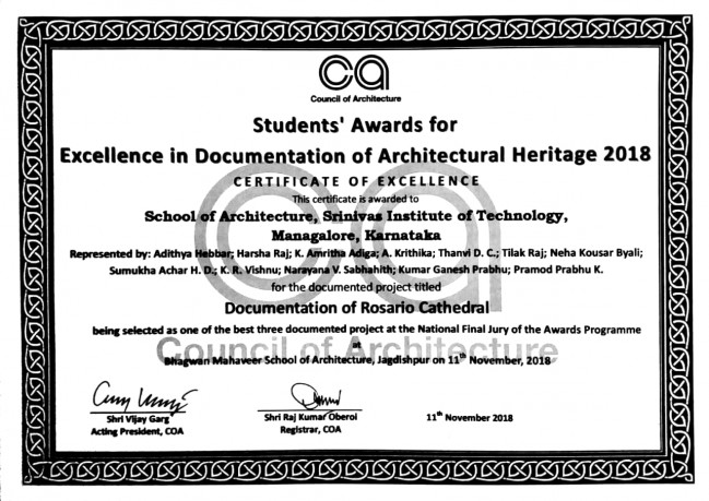 COA  AWARD FOR EXCELLENCE IN DOCUMENTATION OF ARCHITECTURAL HERITAGE-2018 TO SRINIVAS SCHOOL OF ARCHITECTURE